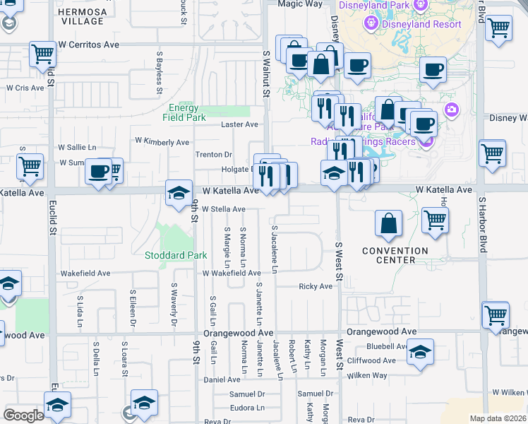 map of restaurants, bars, coffee shops, grocery stores, and more near 1201 West Stella Avenue in Anaheim