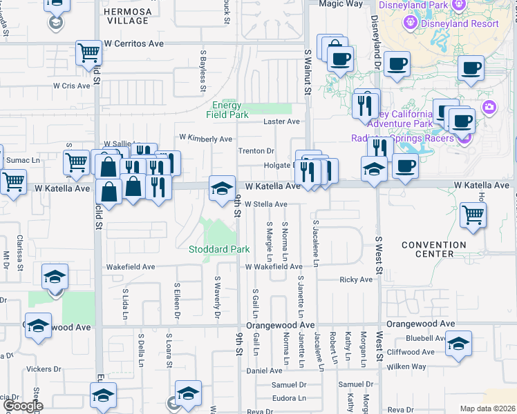 map of restaurants, bars, coffee shops, grocery stores, and more near 1403 West Stella Avenue in Anaheim