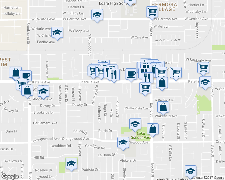 map of restaurants, bars, coffee shops, grocery stores, and more near 10702 Katella Avenue in Anaheim