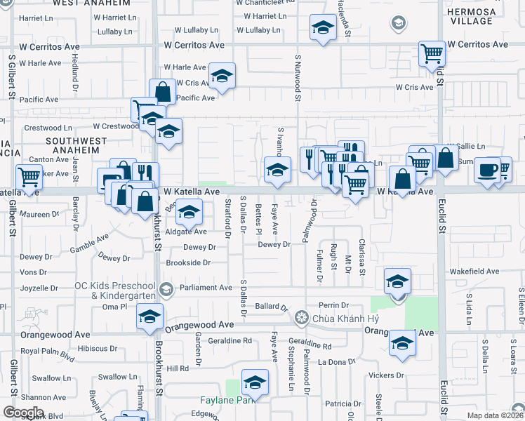 map of restaurants, bars, coffee shops, grocery stores, and more near 11042 Bettes Place in Garden Grove