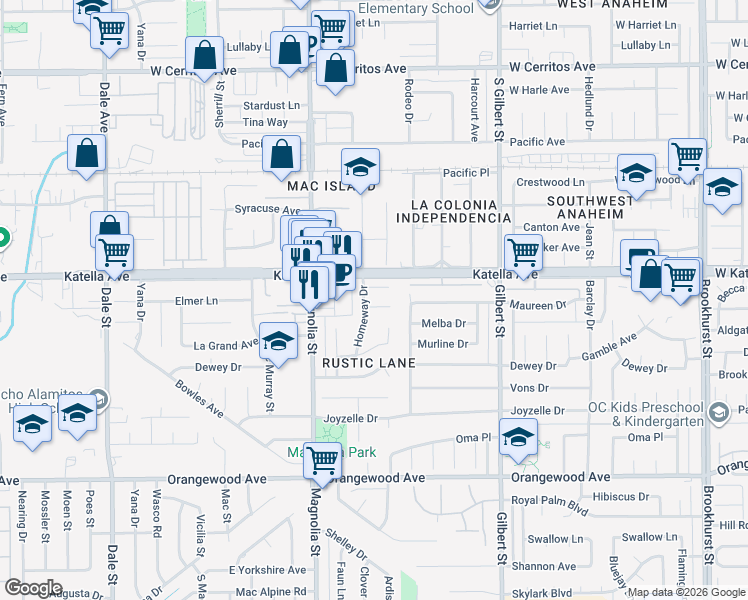 map of restaurants, bars, coffee shops, grocery stores, and more near 11031 Homeway Drive in Garden Grove