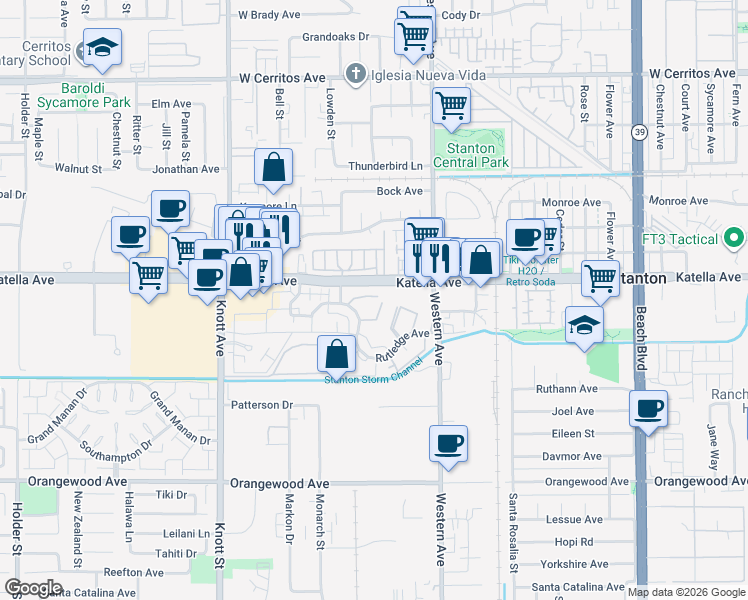 map of restaurants, bars, coffee shops, grocery stores, and more near 11075 Dudley Way in Stanton