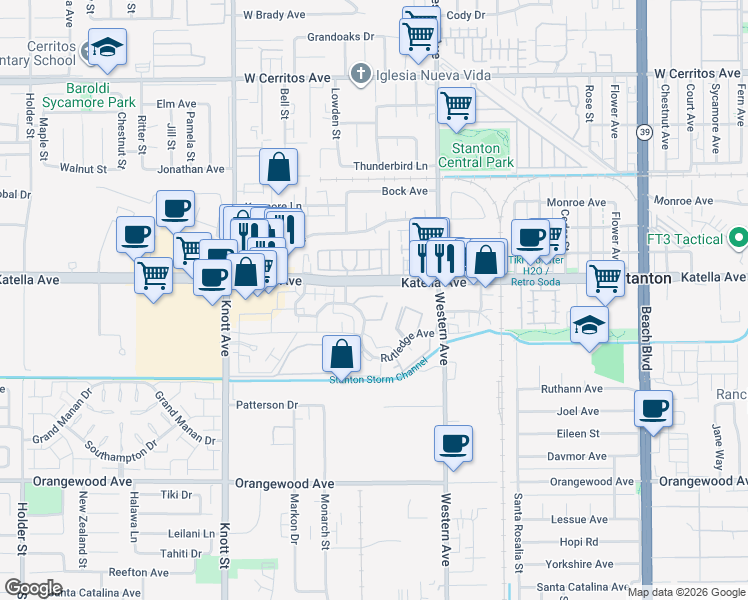 map of restaurants, bars, coffee shops, grocery stores, and more near 11075 Dudley Way in Stanton