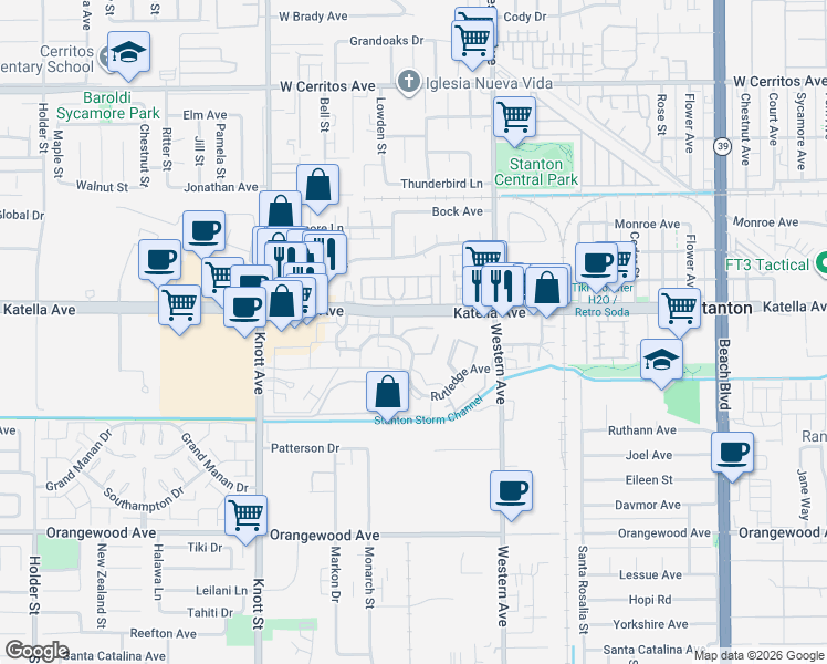 map of restaurants, bars, coffee shops, grocery stores, and more near 11075 Dudley Way in Stanton