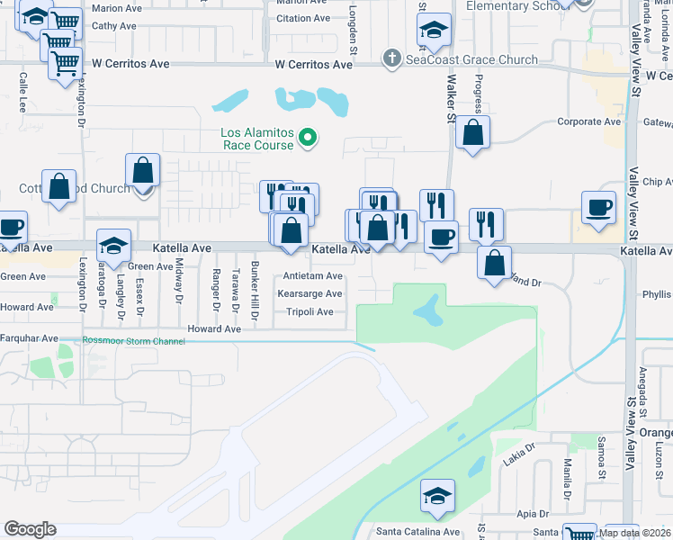 map of restaurants, bars, coffee shops, grocery stores, and more near 5182 Katella Avenue in Cypress