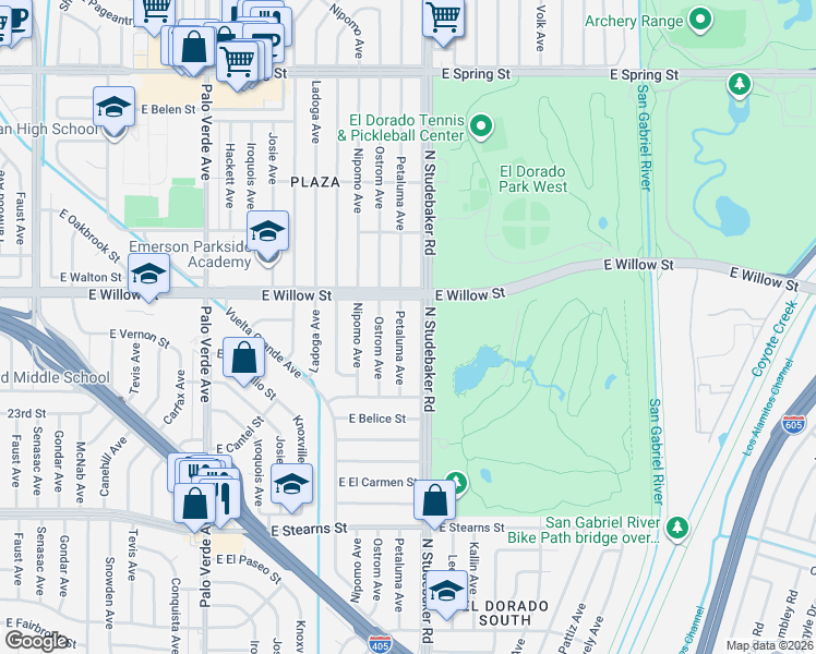 map of restaurants, bars, coffee shops, grocery stores, and more near 2541 North Studebaker Road in Long Beach