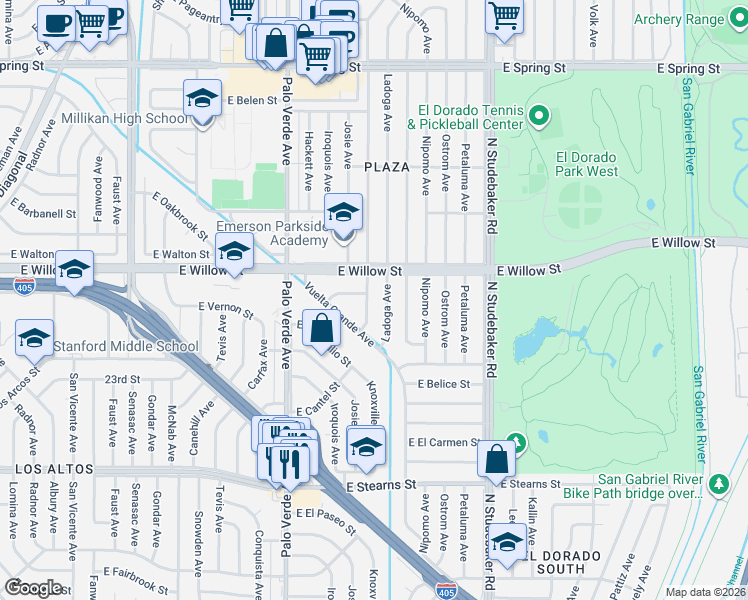 map of restaurants, bars, coffee shops, grocery stores, and more near 2537 Ladoga Avenue in Long Beach