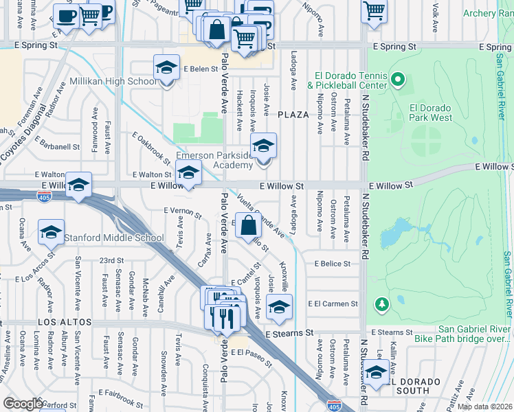 map of restaurants, bars, coffee shops, grocery stores, and more near 6529 East El Pulcro Street in Long Beach