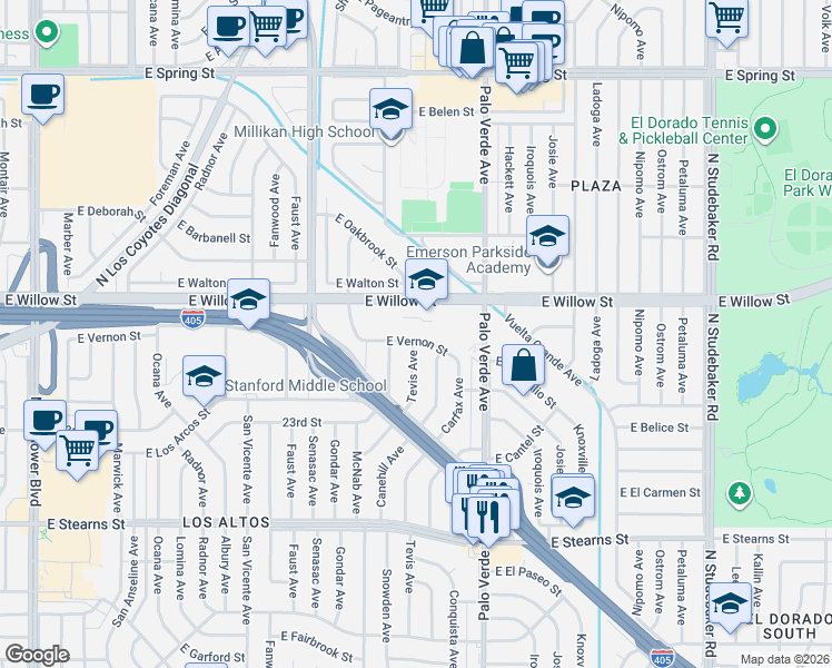 map of restaurants, bars, coffee shops, grocery stores, and more near 6220 East Willow Street in Long Beach