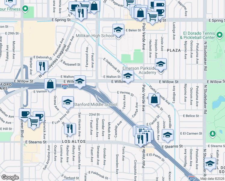 map of restaurants, bars, coffee shops, grocery stores, and more near 2500 Gondar Avenue in Long Beach