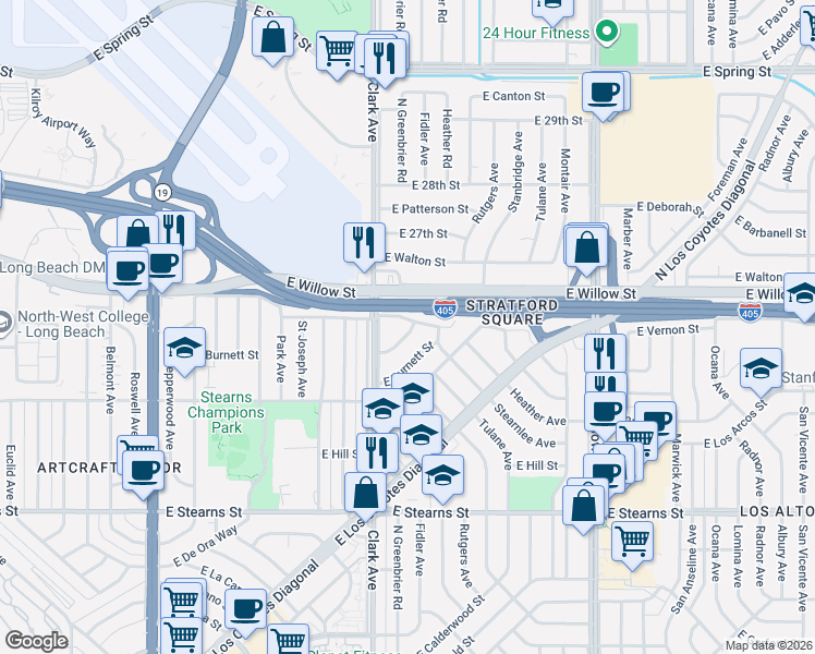 map of restaurants, bars, coffee shops, grocery stores, and more near 5166 East 25th Street in Long Beach