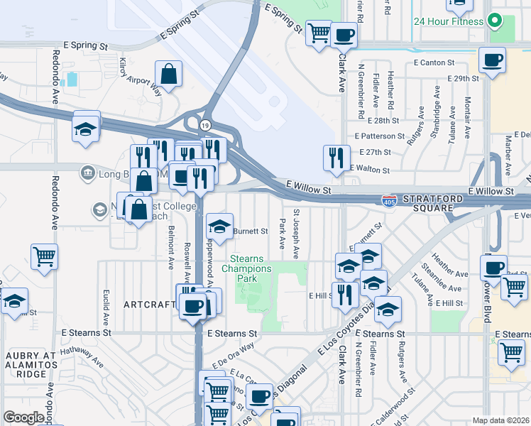 map of restaurants, bars, coffee shops, grocery stores, and more near 2530 Roycroft Avenue in Long Beach