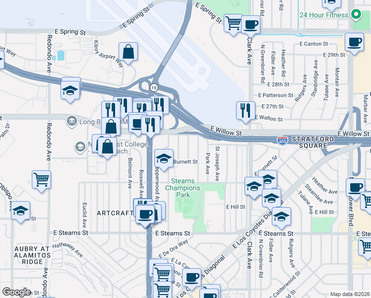 map of restaurants, bars, coffee shops, grocery stores, and more near 2516 Zandia Avenue in Long Beach