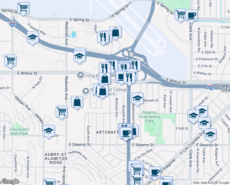 map of restaurants, bars, coffee shops, grocery stores, and more near 2531 Belmont Avenue in Long Beach