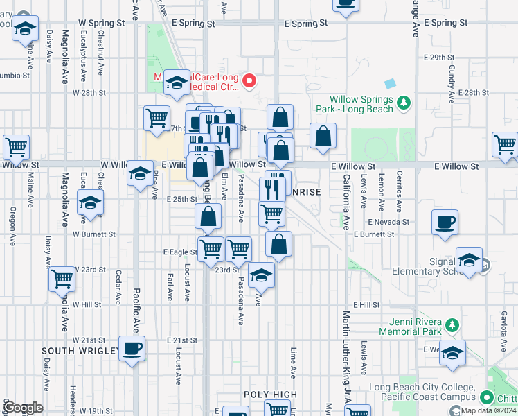 map of restaurants, bars, coffee shops, grocery stores, and more near 2495 Linden Avenue in Long Beach