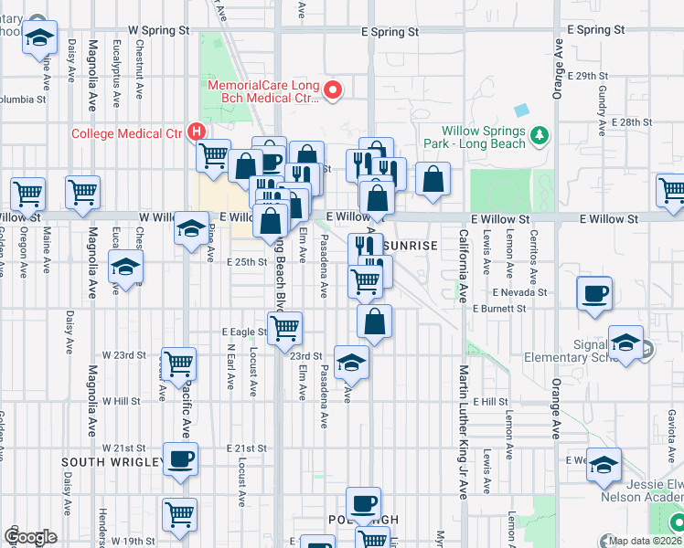 map of restaurants, bars, coffee shops, grocery stores, and more near 2495 Linden Avenue in Long Beach