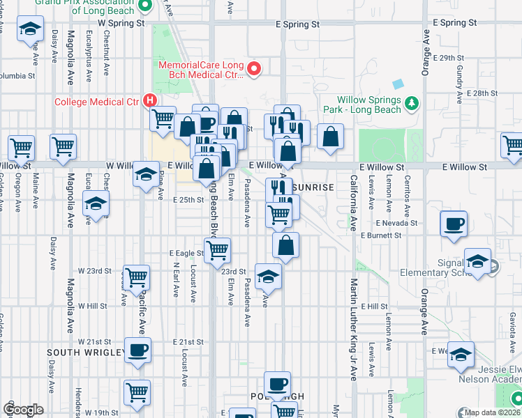 map of restaurants, bars, coffee shops, grocery stores, and more near 2495 Linden Avenue in Long Beach