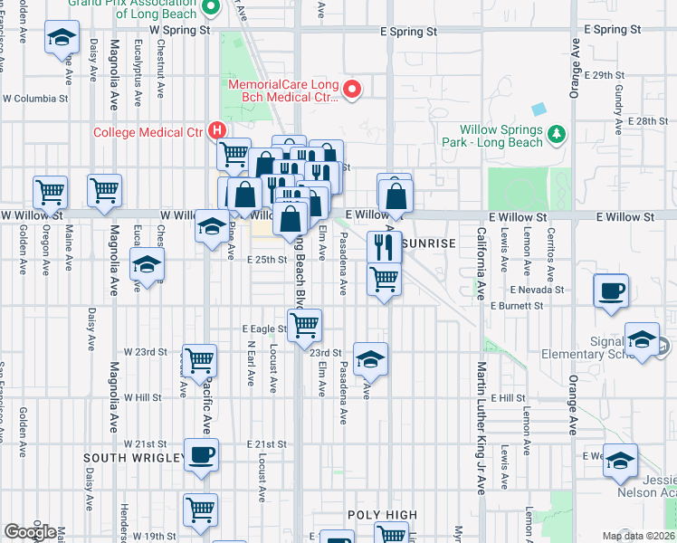 map of restaurants, bars, coffee shops, grocery stores, and more near 2492 Elm Avenue in Long Beach