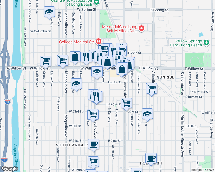 map of restaurants, bars, coffee shops, grocery stores, and more near 2490 Pine Avenue in Long Beach