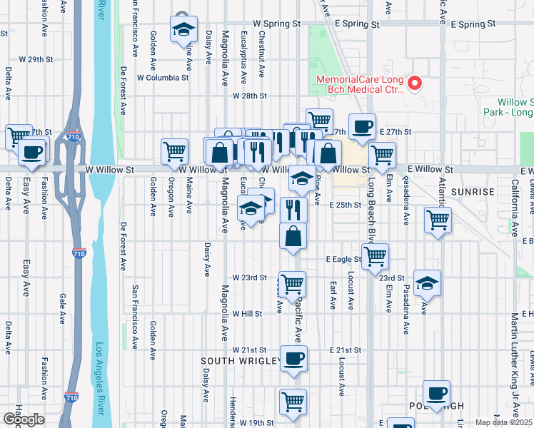 map of restaurants, bars, coffee shops, grocery stores, and more near 322 West 25th Street in Long Beach