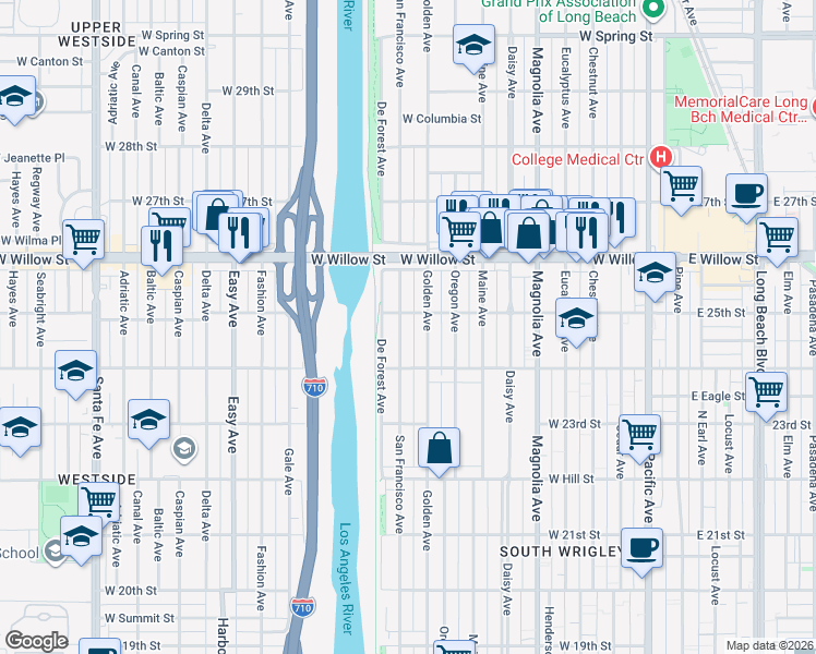 map of restaurants, bars, coffee shops, grocery stores, and more near 2494 San Francisco Avenue in Long Beach