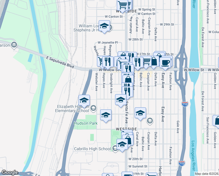 map of restaurants, bars, coffee shops, grocery stores, and more near 1900 West 25th Street in Long Beach