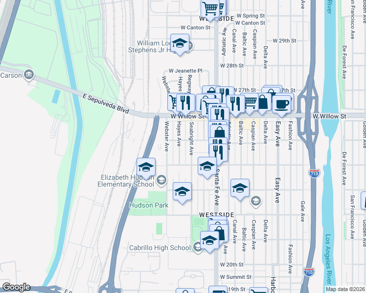 map of restaurants, bars, coffee shops, grocery stores, and more near 1900 West 25th Street in Long Beach