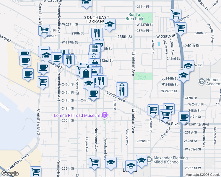 map of restaurants, bars, coffee shops, grocery stores, and more near 24520 Woodward Avenue in Lomita