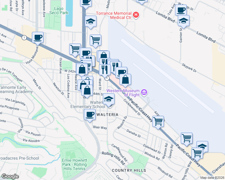 map of restaurants, bars, coffee shops, grocery stores, and more near 3527 Cricklewood Street in Torrance