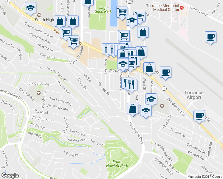 map of restaurants, bars, coffee shops, grocery stores, and more near 24252 Los Codona Avenue in Torrance