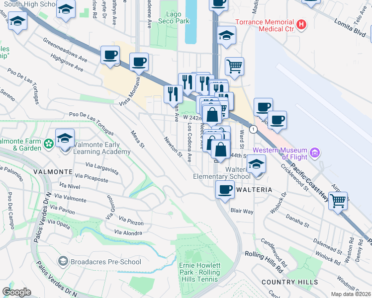 map of restaurants, bars, coffee shops, grocery stores, and more near 24252 Los Codona Avenue in Torrance