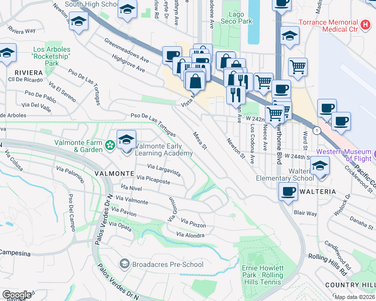 map of restaurants, bars, coffee shops, grocery stores, and more near 4135-4201 Paseo De Las Tortugas in Torrance