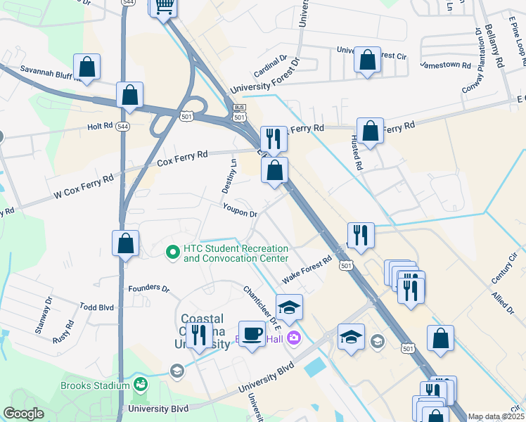 map of restaurants, bars, coffee shops, grocery stores, and more near 120 Carolina Road in Conway