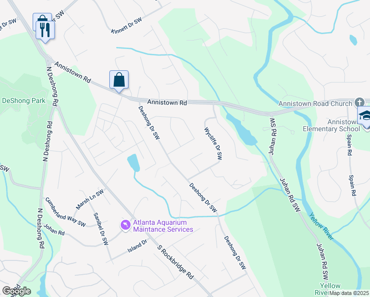 map of restaurants, bars, coffee shops, grocery stores, and more near 4795 Manor Drive Southwest in Stone Mountain