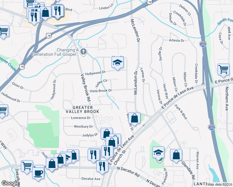 map of restaurants, bars, coffee shops, grocery stores, and more near 3093 Vista Brook Drive in Decatur