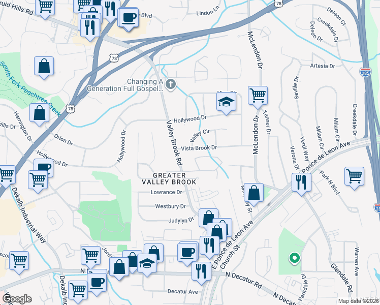 map of restaurants, bars, coffee shops, grocery stores, and more near 3021 Vista Brook Drive in Decatur