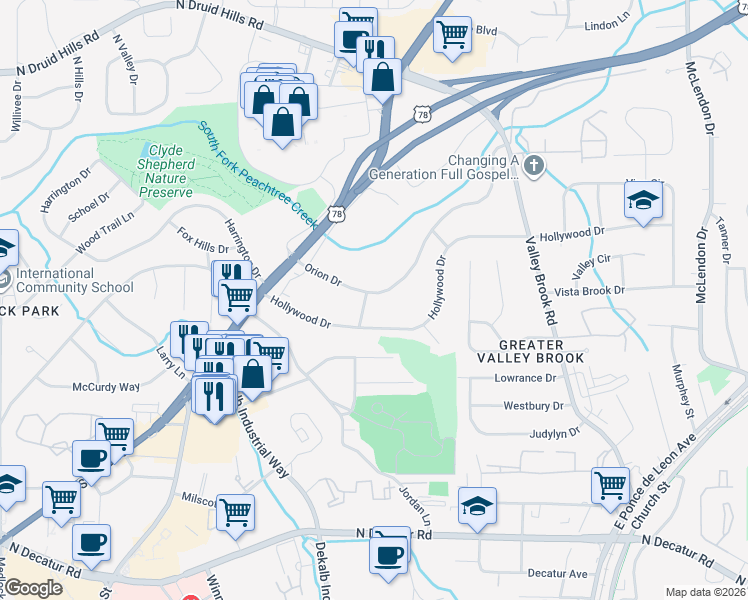 map of restaurants, bars, coffee shops, grocery stores, and more near 2791 Orion Drive in Decatur