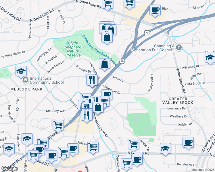 map of restaurants, bars, coffee shops, grocery stores, and more near 849 Constellation Drive in Decatur