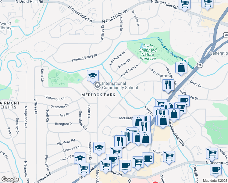 map of restaurants, bars, coffee shops, grocery stores, and more near 2485 Wood Trail Lane in Decatur