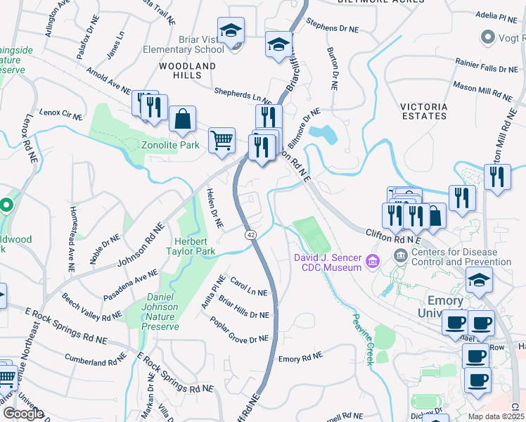 map of restaurants, bars, coffee shops, grocery stores, and more near 1659 Briarcliff Road Northeast in Atlanta