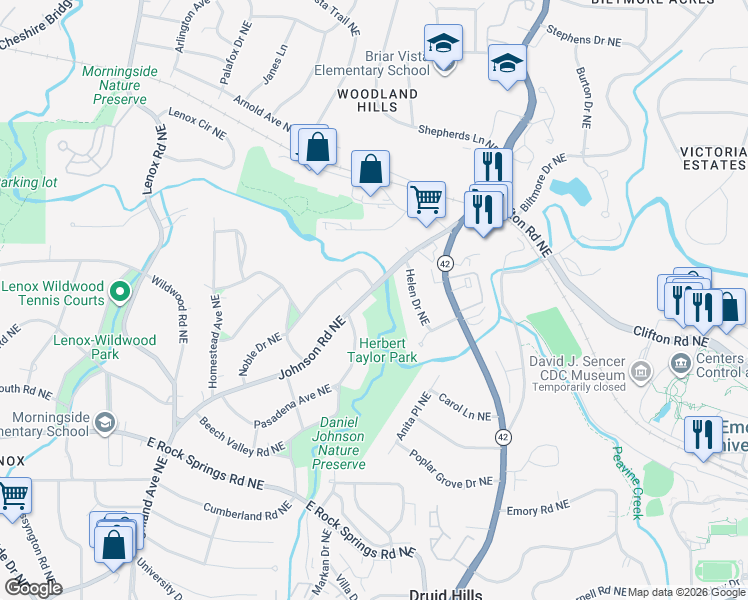 map of restaurants, bars, coffee shops, grocery stores, and more near in Atlanta