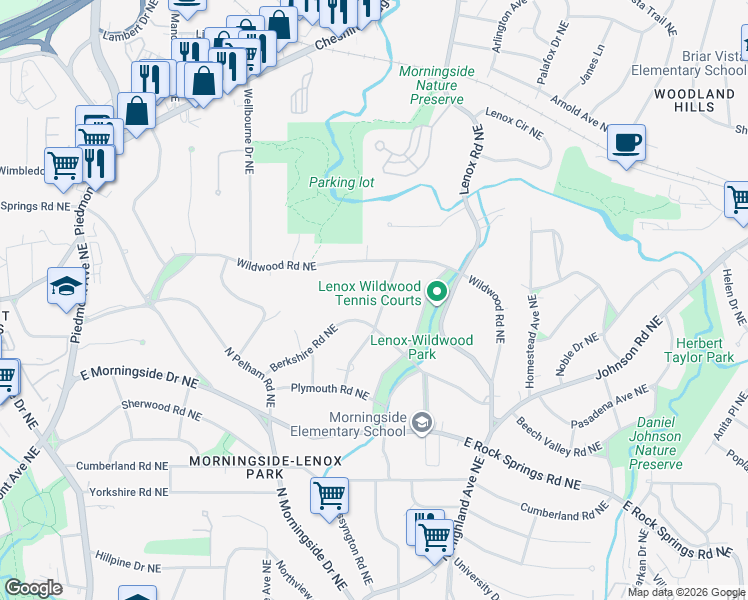map of restaurants, bars, coffee shops, grocery stores, and more near 973 Wildwood Road Northeast in Atlanta