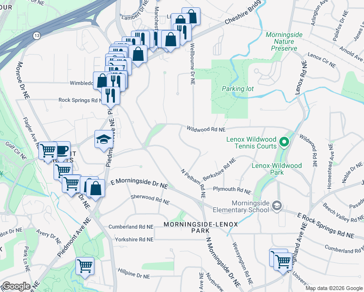 map of restaurants, bars, coffee shops, grocery stores, and more near 1752 Pine Ridge Drive Northeast in Atlanta