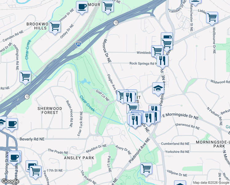 map of restaurants, bars, coffee shops, grocery stores, and more near 1747 Flagler Avenue Northeast in Atlanta