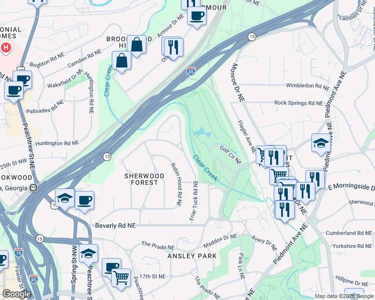 map of restaurants, bars, coffee shops, grocery stores, and more near 1735 Friar Tuck Road Northeast in Atlanta