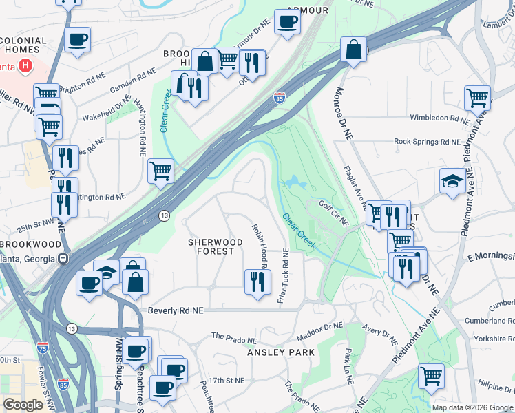 map of restaurants, bars, coffee shops, grocery stores, and more near 1750 Friar Tuck Road Northeast in Atlanta