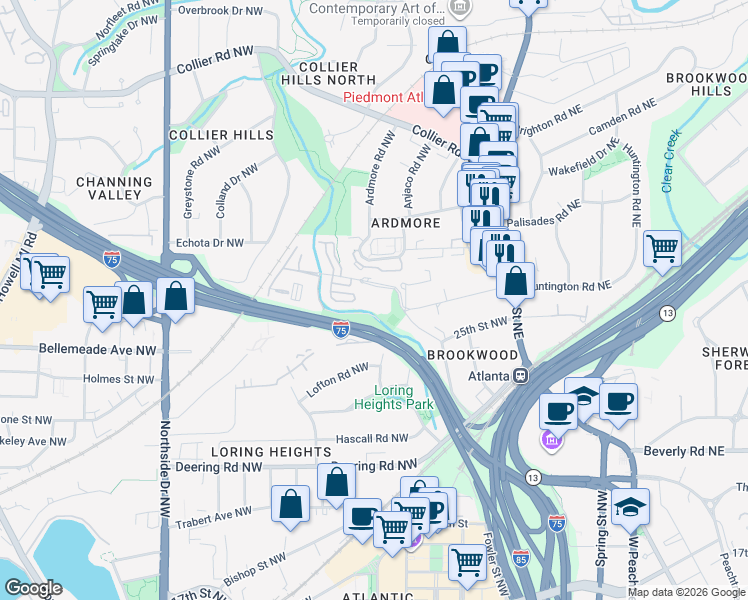 map of restaurants, bars, coffee shops, grocery stores, and more near 130 26th Street Northwest in Atlanta