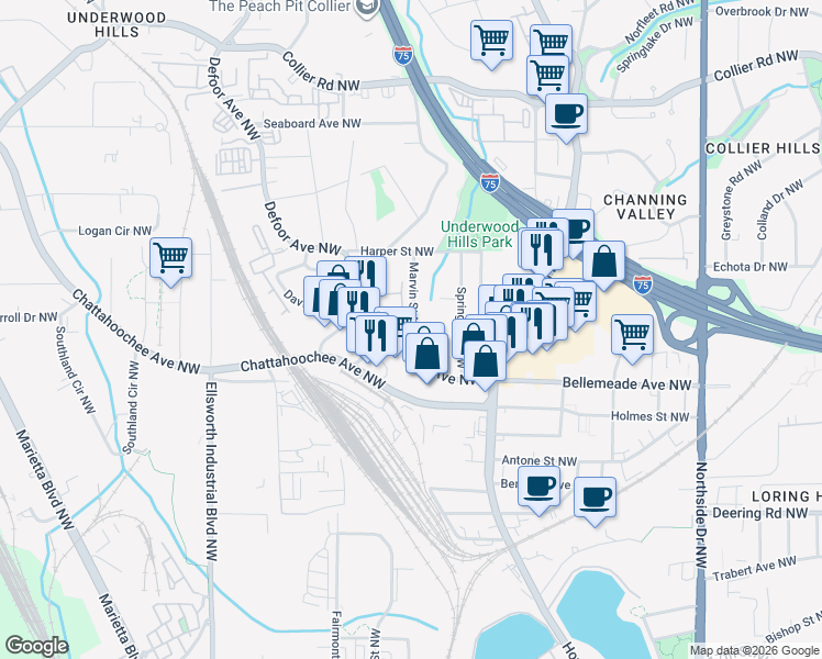 map of restaurants, bars, coffee shops, grocery stores, and more near 1735 Marvin Street Northwest in Atlanta