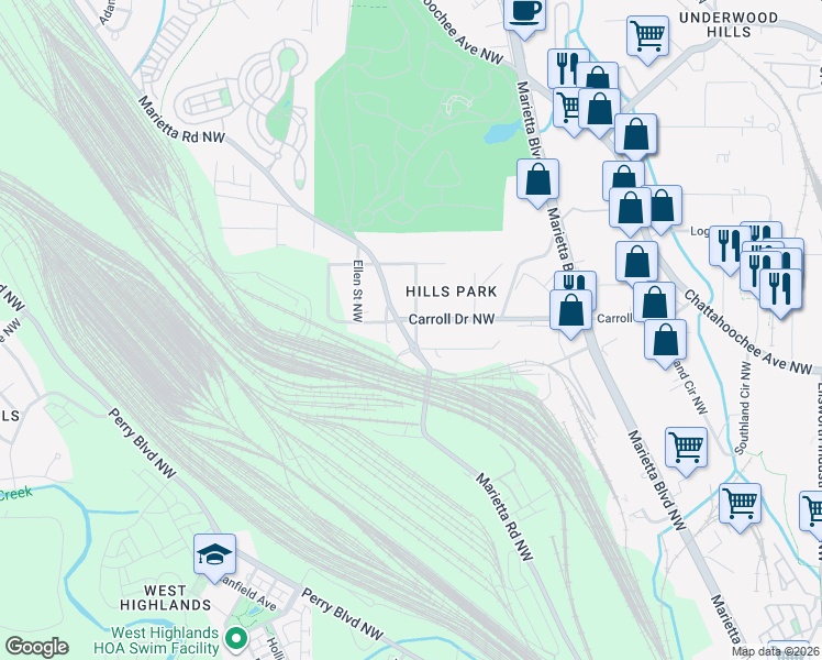 map of restaurants, bars, coffee shops, grocery stores, and more near 1667 Carroll Drive Northwest in Atlanta