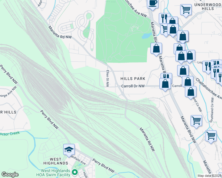 map of restaurants, bars, coffee shops, grocery stores, and more near 1736 Marietta Road Northwest in Atlanta
